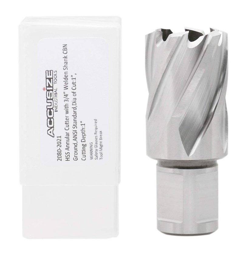 Accusize Industrial Tools H.S.S. Annular Cutter, 1" Dia, 1" Cutting Depth, 3/4" Weldon Shank, ANSI Standard, 2080-2021 - Image 1